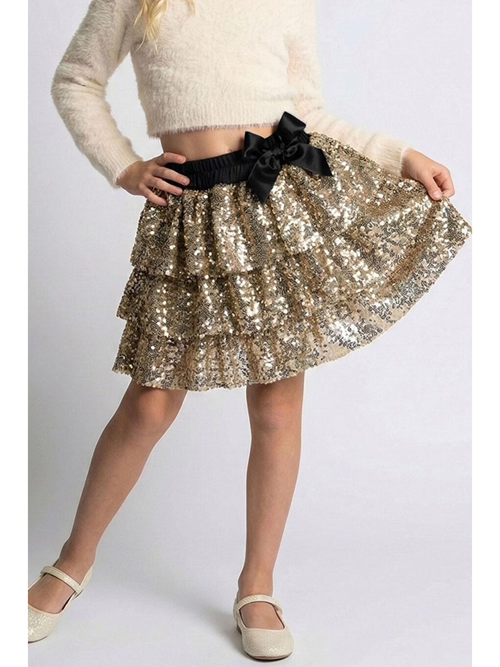 Sarı Kız Çocuk Etek Kat Kat Pul Payetli Fiyonk Aksesuarlı Gold (5-10 Yaş)-1