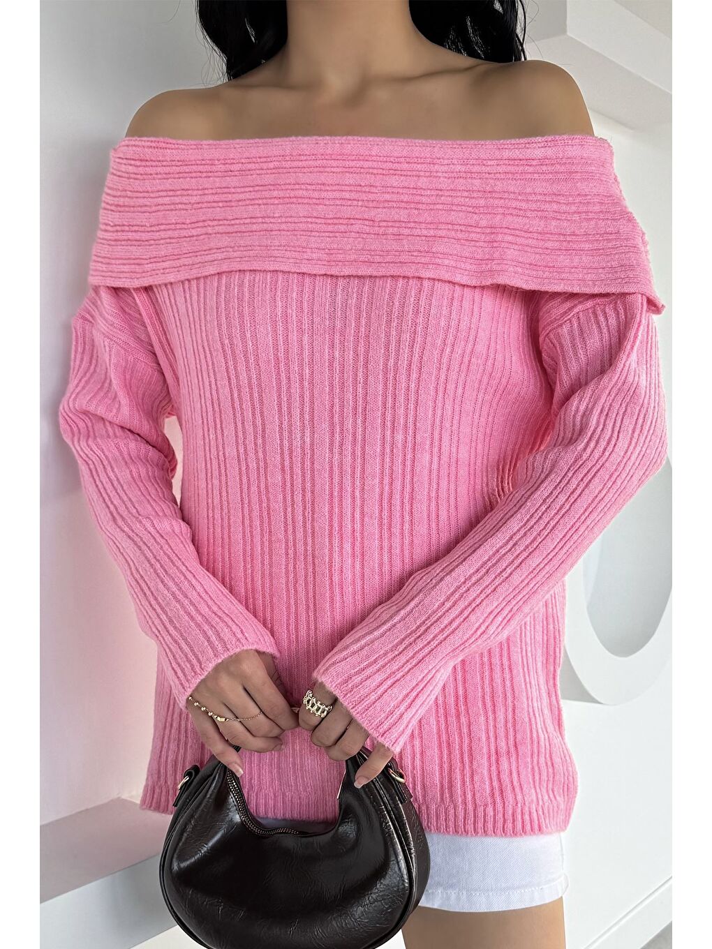 Pembe Kadın Madonna Yaka Kendinden Çizgi Desenli Triko Bluz-1