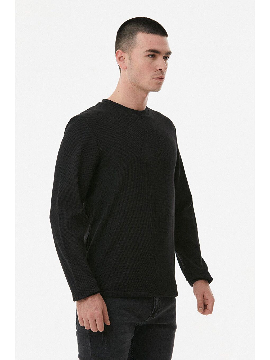 Siyah Waffle Kumaş  Bisiklet Yaka Sweatshirt-4