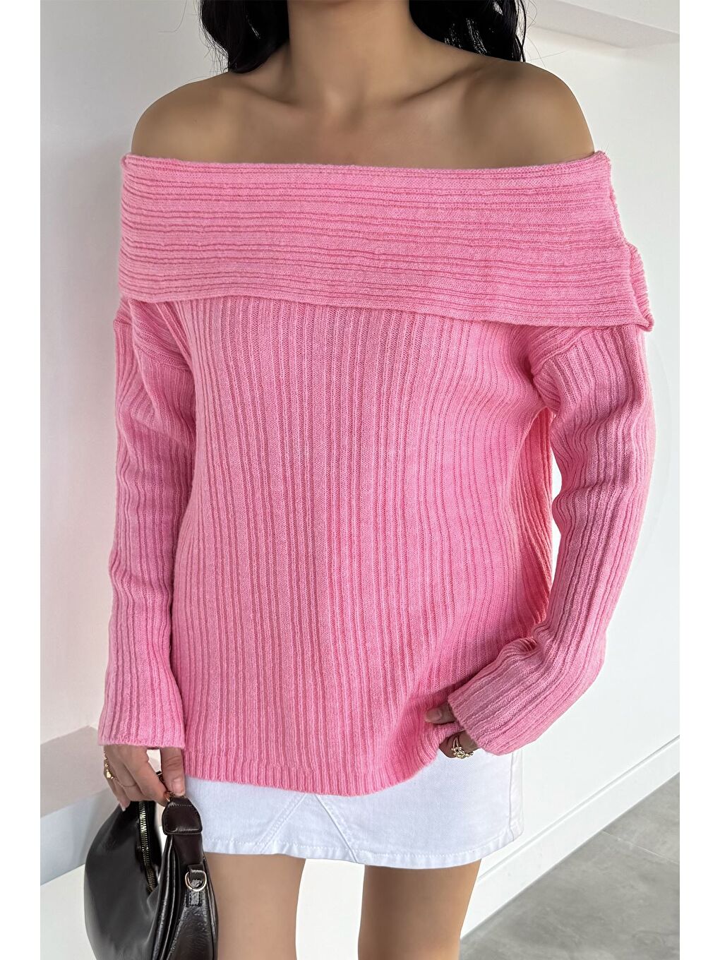 Pembe Kadın Madonna Yaka Kendinden Çizgi Desenli Triko Bluz-2