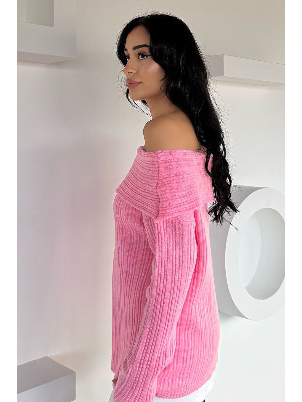 Pembe Kadın Madonna Yaka Kendinden Çizgi Desenli Triko Bluz-3