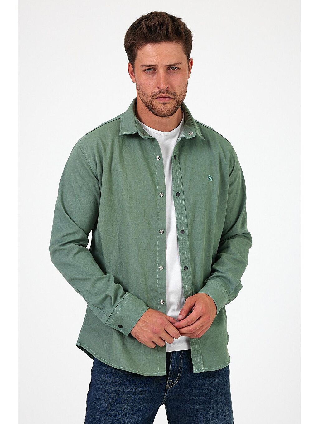 Yeşil Regular Fit Çıt Çıt Düğme Detaylı  Erkek Jean Gömlek RF0291