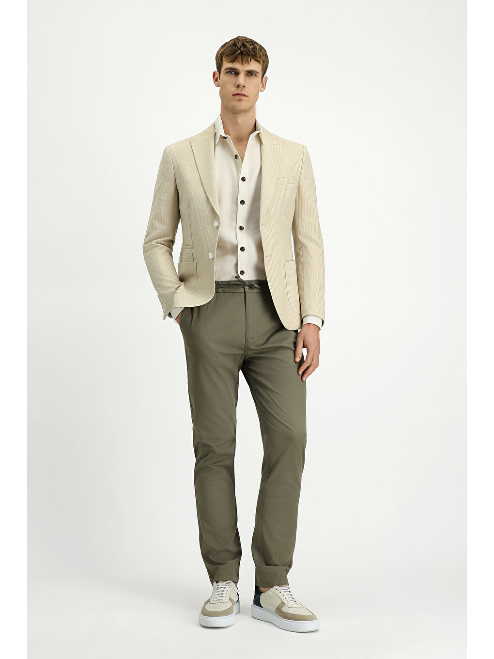 Bej Super Slim Fit Ekstra Dar Kesim Çizgili Elastanlı Spor Ceket-1