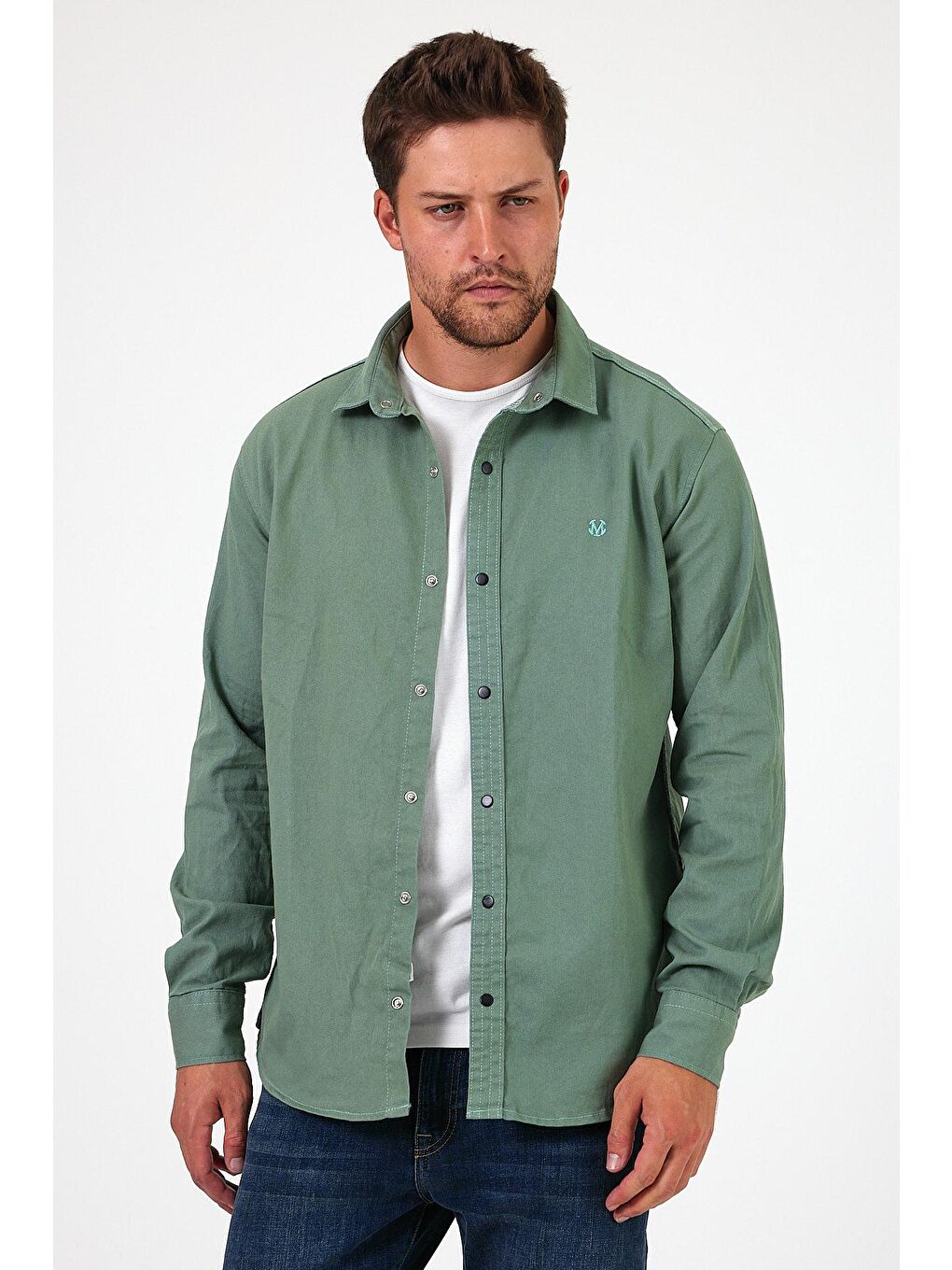 Yeşil Regular Fit Çıt Çıt Düğme Detaylı  Erkek Jean Gömlek RF0291-1