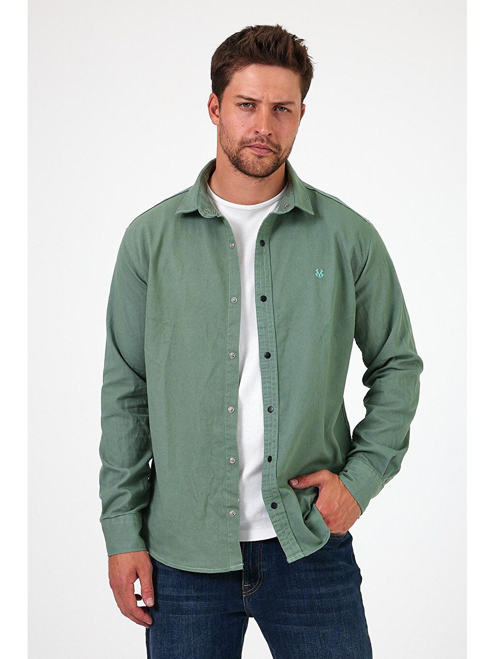 Yeşil Regular Fit Çıt Çıt Düğme Detaylı  Erkek Jean Gömlek RF0291-2
