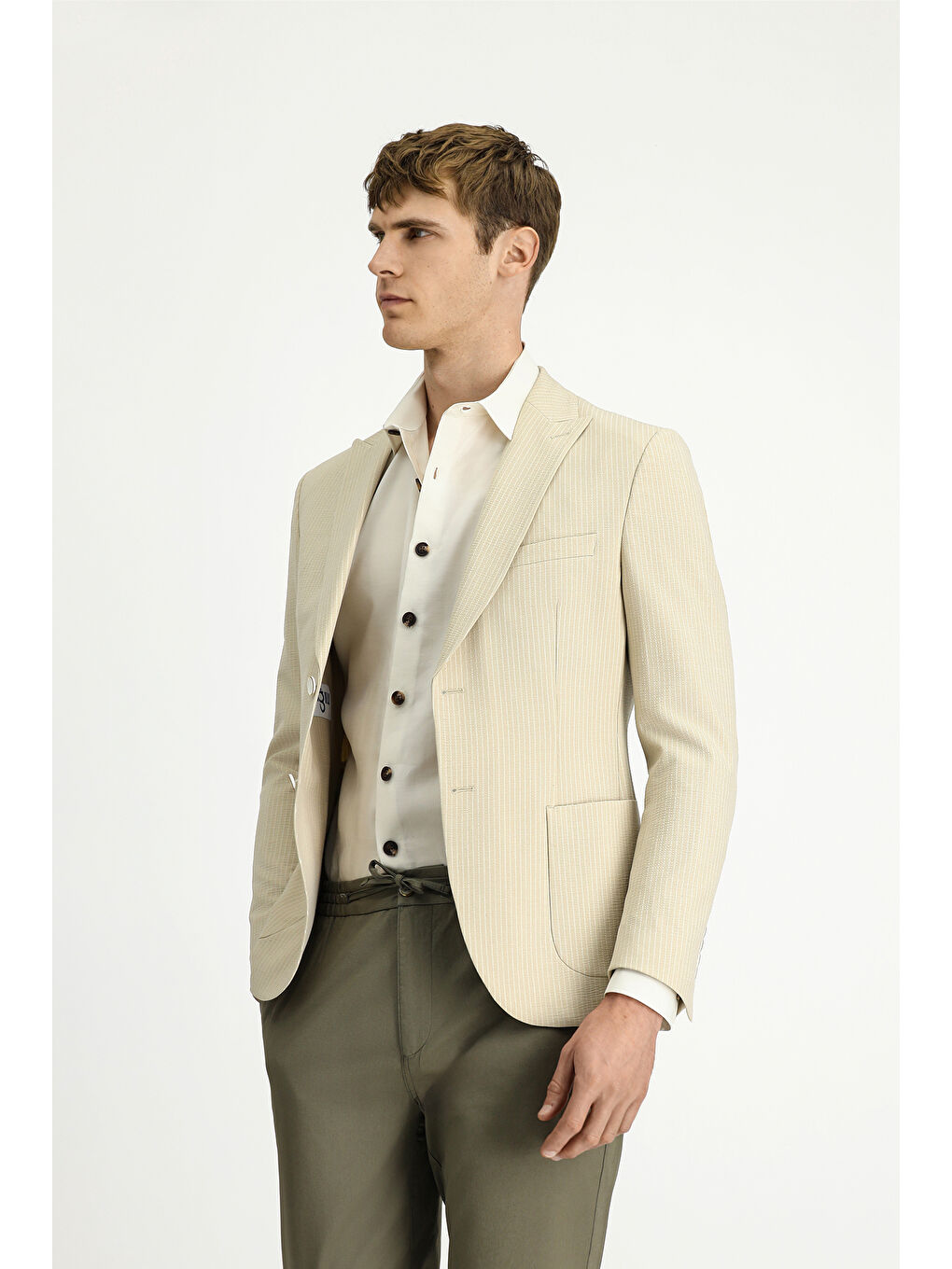 Bej Super Slim Fit Ekstra Dar Kesim Çizgili Elastanlı Spor Ceket-2