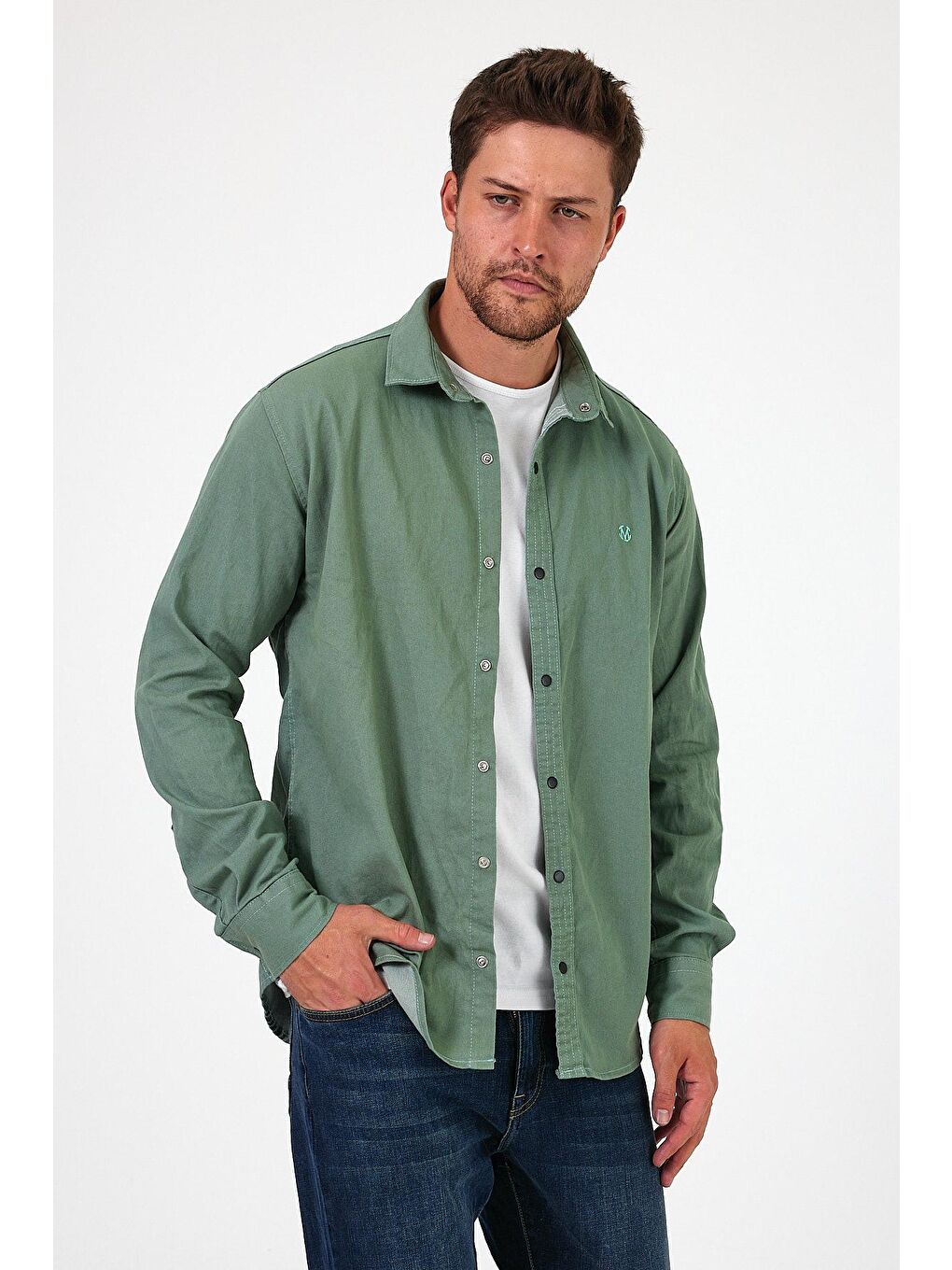 Yeşil Regular Fit Çıt Çıt Düğme Detaylı  Erkek Jean Gömlek RF0291-3