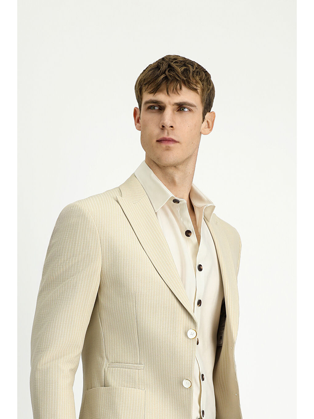 Bej Super Slim Fit Ekstra Dar Kesim Çizgili Elastanlı Spor Ceket-3