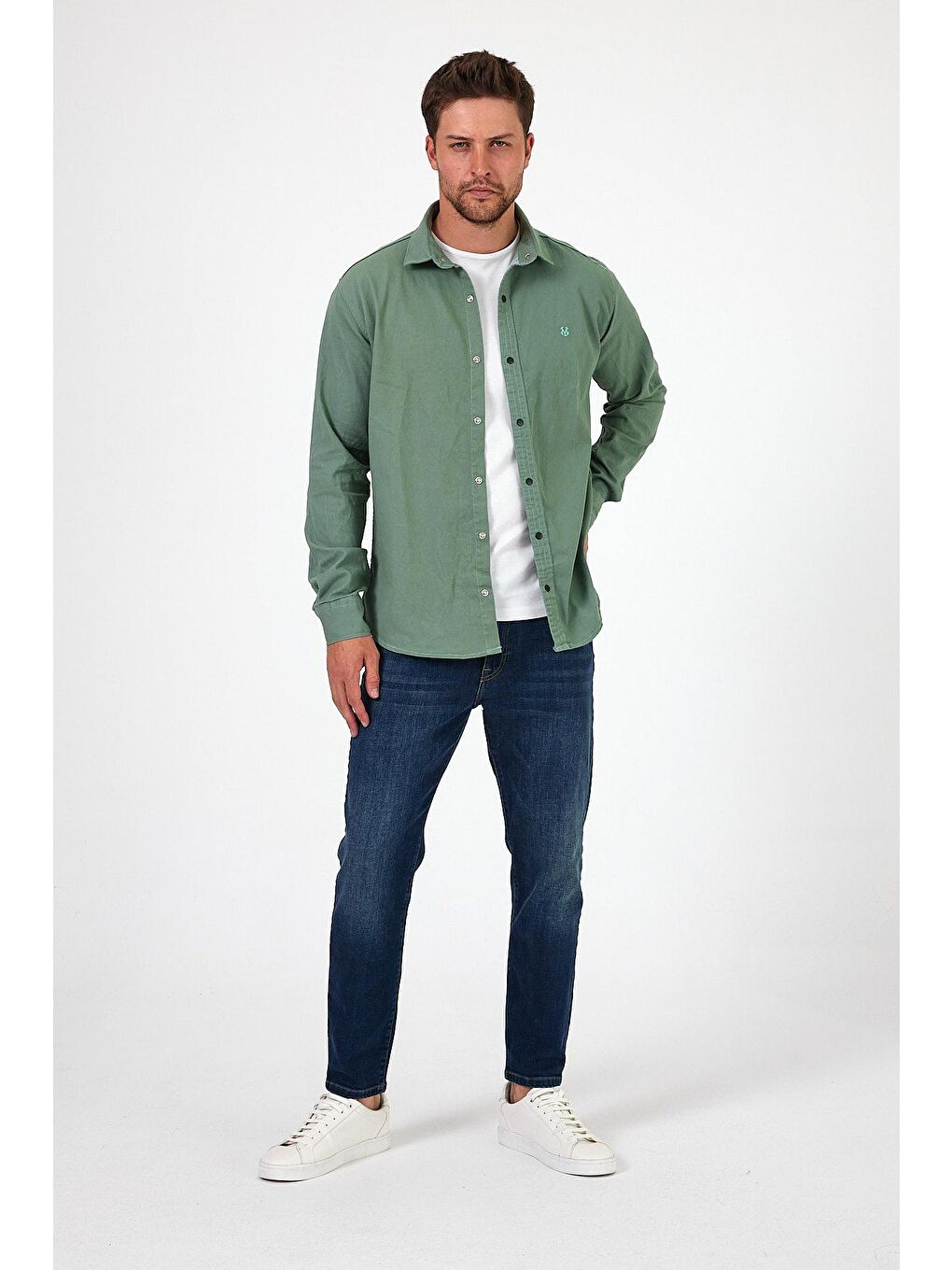 Yeşil Regular Fit Çıt Çıt Düğme Detaylı  Erkek Jean Gömlek RF0291-4