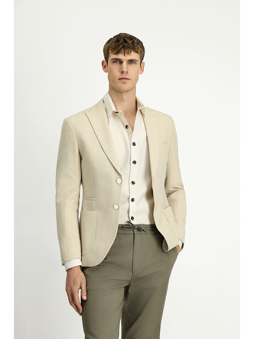 Bej Super Slim Fit Ekstra Dar Kesim Çizgili Elastanlı Spor Ceket-4