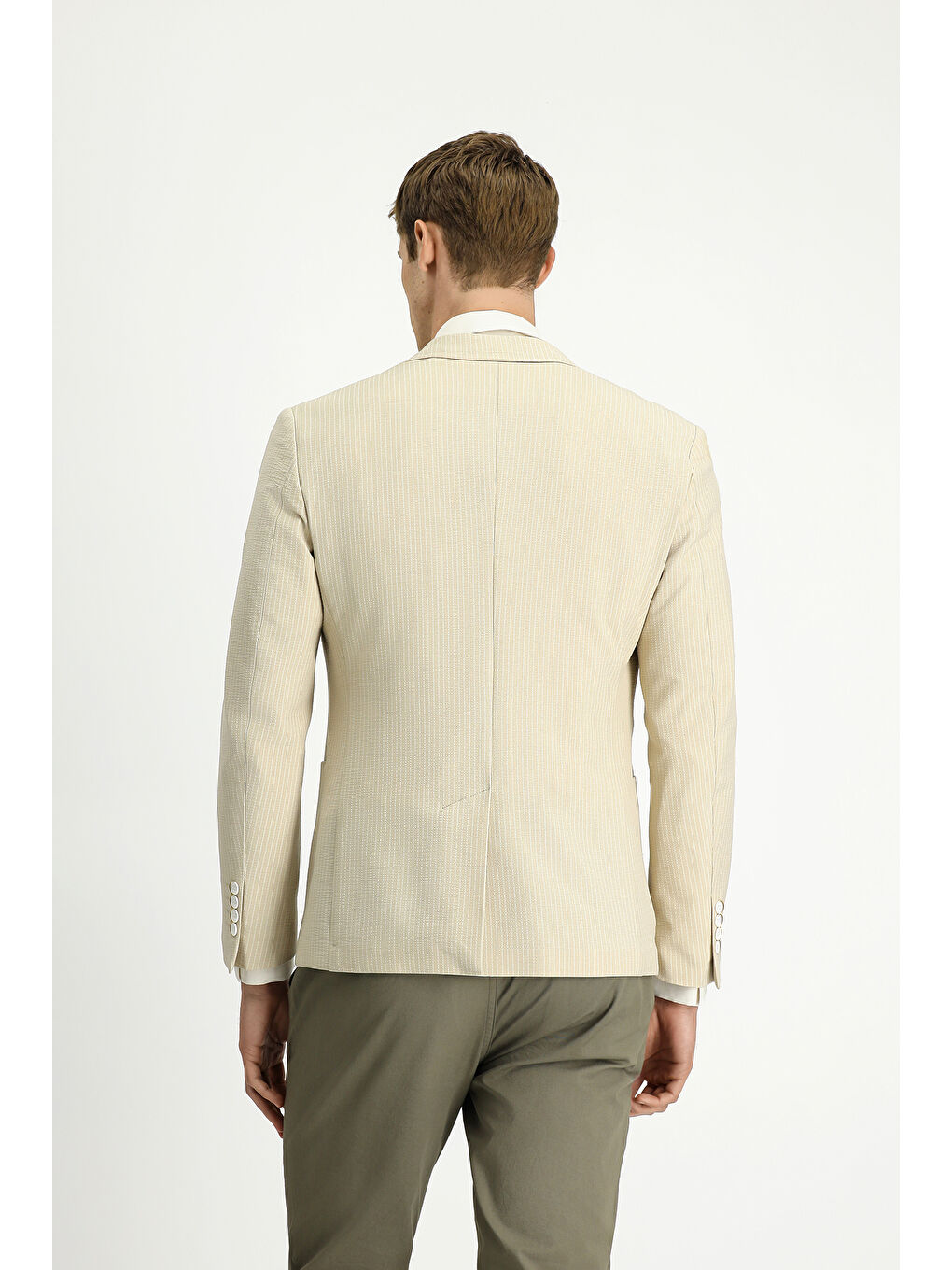 Bej Super Slim Fit Ekstra Dar Kesim Çizgili Elastanlı Spor Ceket-5