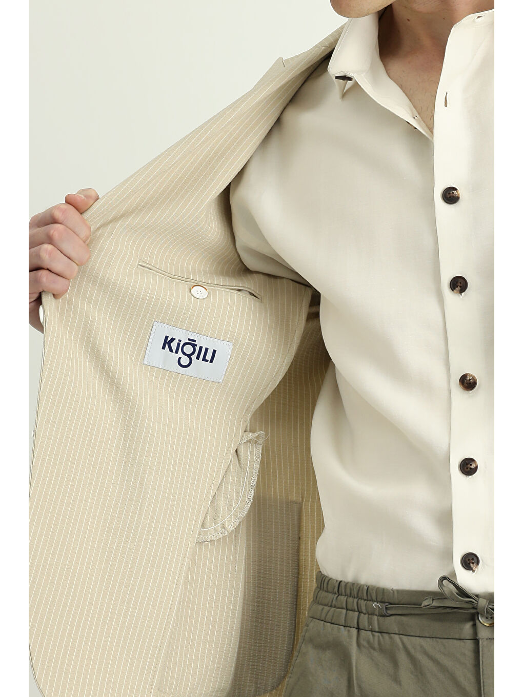 Bej Super Slim Fit Ekstra Dar Kesim Çizgili Elastanlı Spor Ceket-6