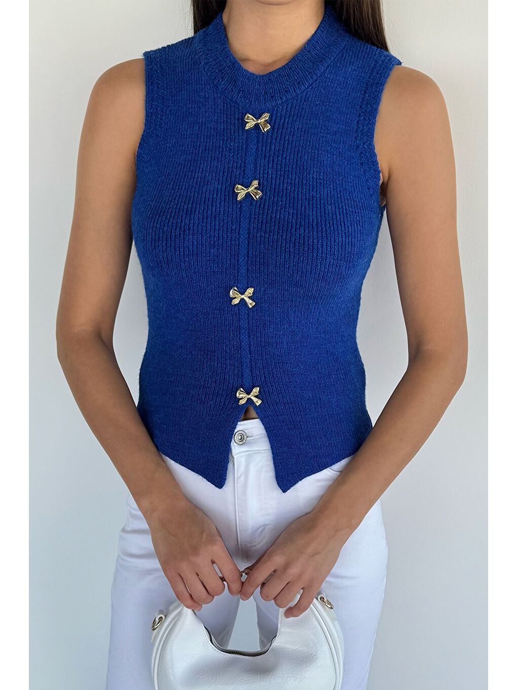 Mavi Kadın Gold Düğme Detaylı Triko Bluz-1