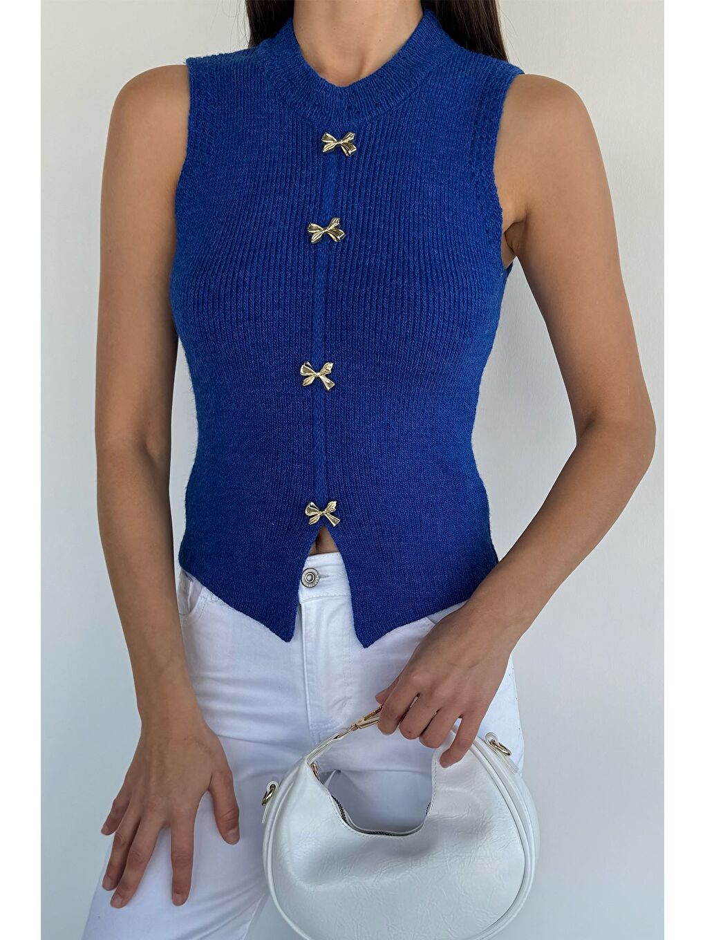 Mavi Kadın Gold Düğme Detaylı Triko Bluz-2