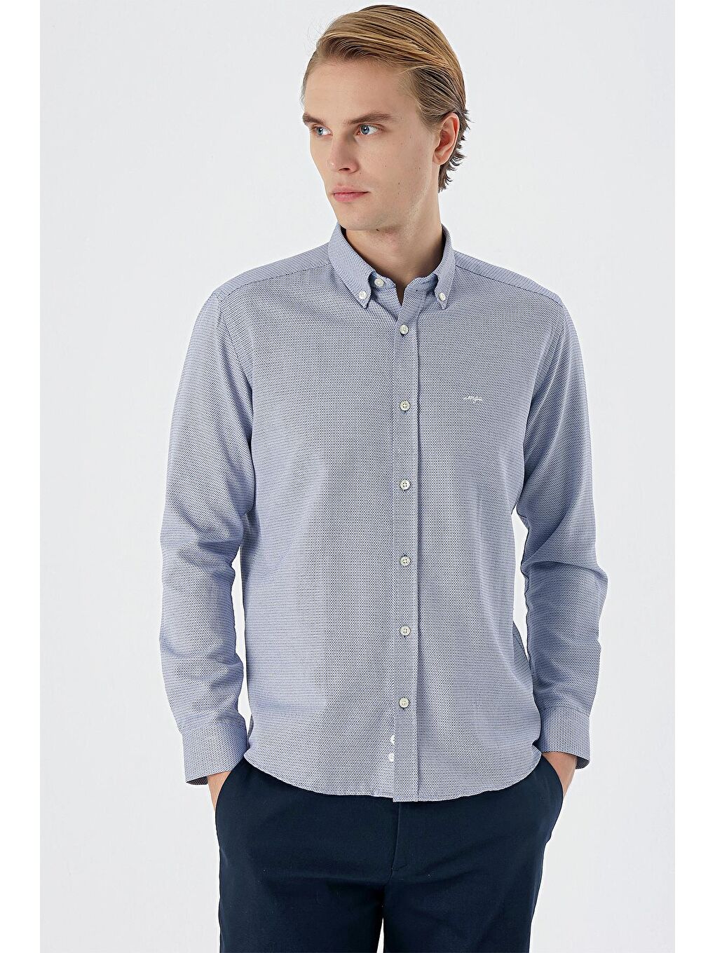 Koyu Lacivert Uzun Kollu Armürlü Cepsiz Pamuklu Klasik Slim Fit Gömlek 1004235148