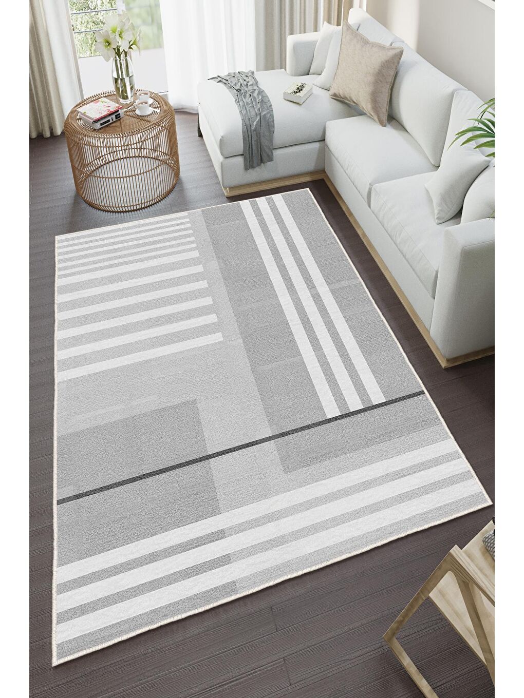 Gri Özel Tasarım, Kaymaz Taban, İnce, Yıkanabilir, Modern Halı WOOKECE1489 60x100-2