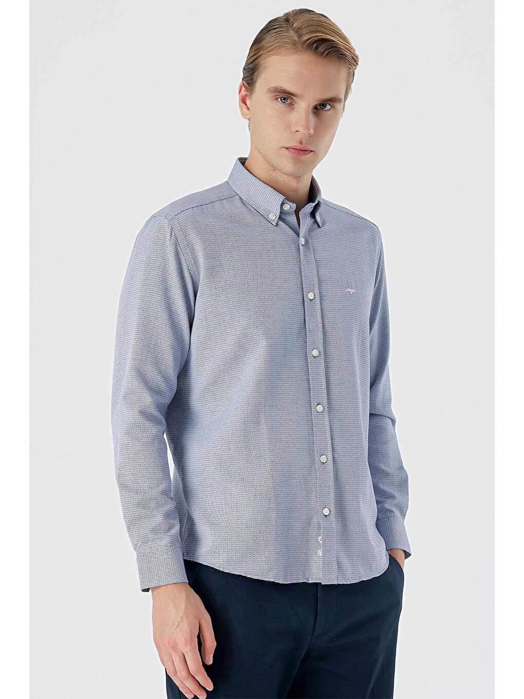 Koyu Lacivert Uzun Kollu Armürlü Cepsiz Pamuklu Klasik Slim Fit Gömlek 1004235148-2