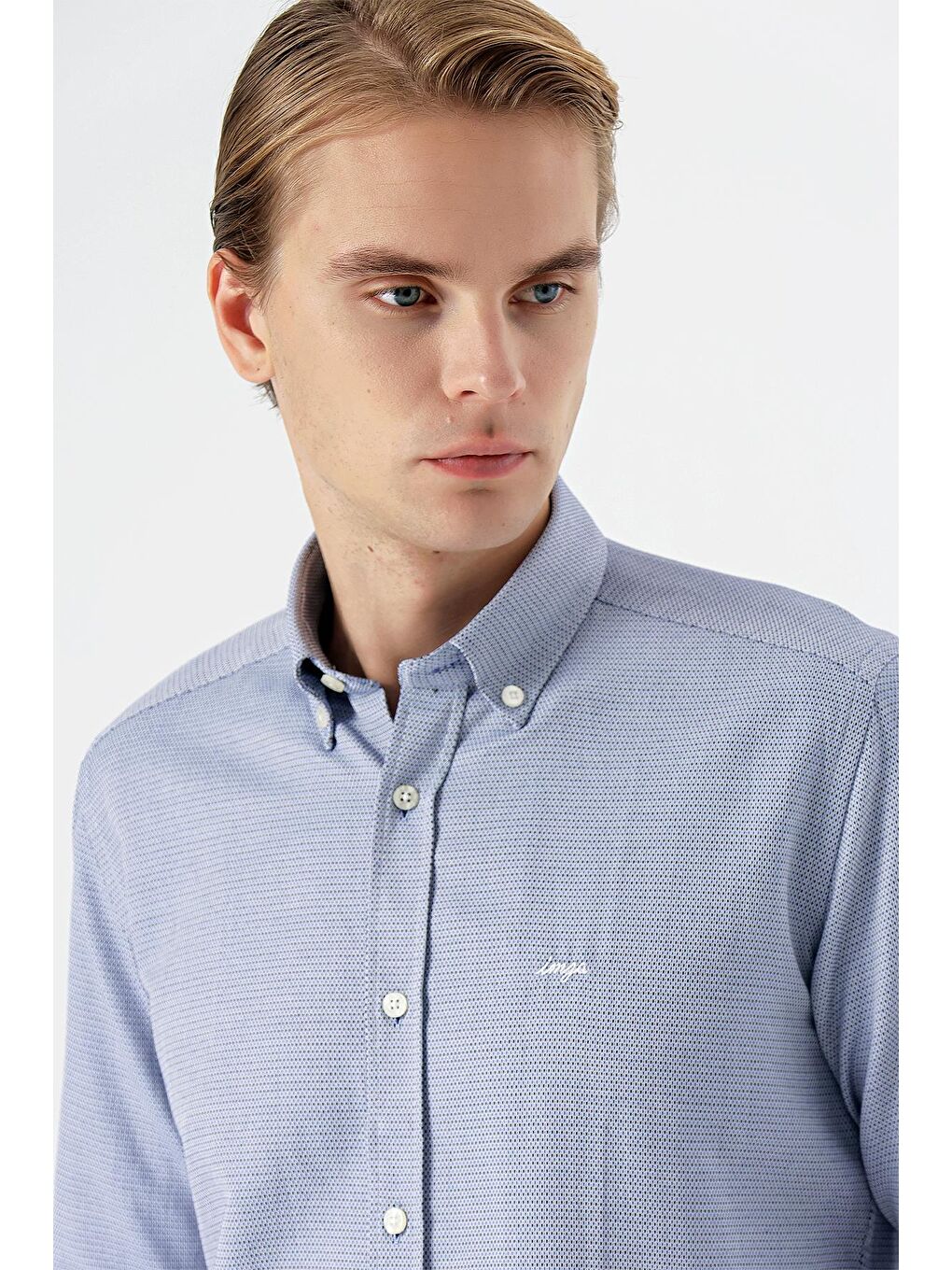 Koyu Lacivert Uzun Kollu Armürlü Cepsiz Pamuklu Klasik Slim Fit Gömlek 1004235148-4