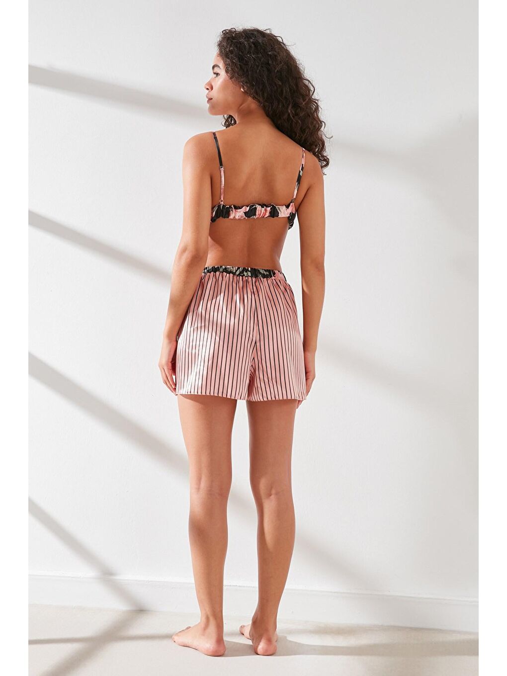 Pembe Saten Sütyen Şort Takım 9065 Somon/Siyah-4