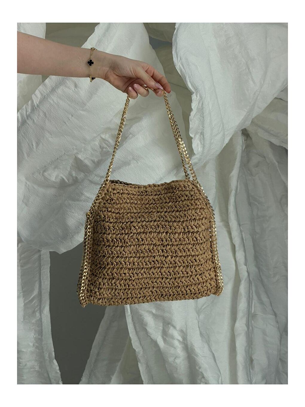 Sarı Zincir Askılı Camel Hasır Çanta CNT1118-1