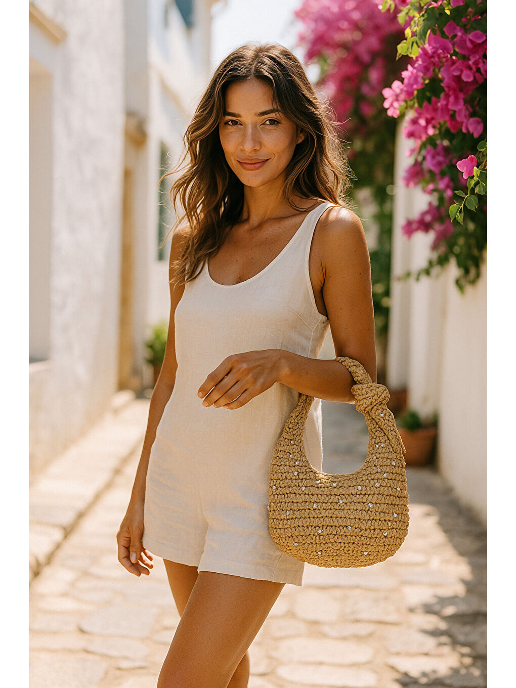 Sarı Taş Detaylı El Örgüsü Camel Hasır Çanta 18x24 Cm CNT1048-1