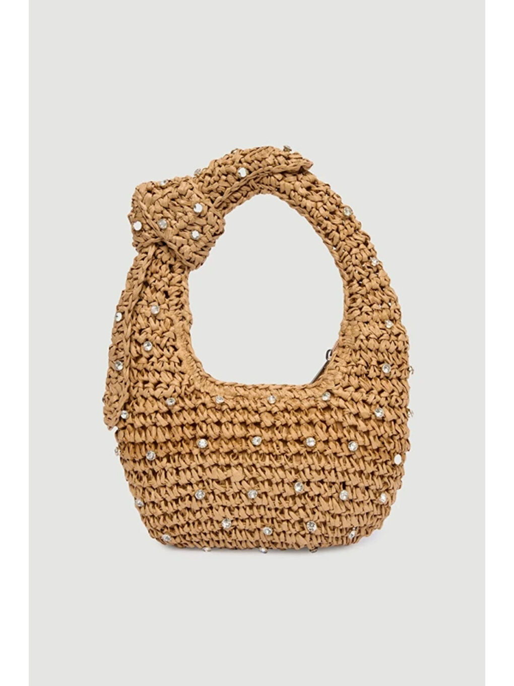 Sarı Taş Detaylı El Örgüsü Camel Hasır Çanta 18x24 Cm CNT1048-2