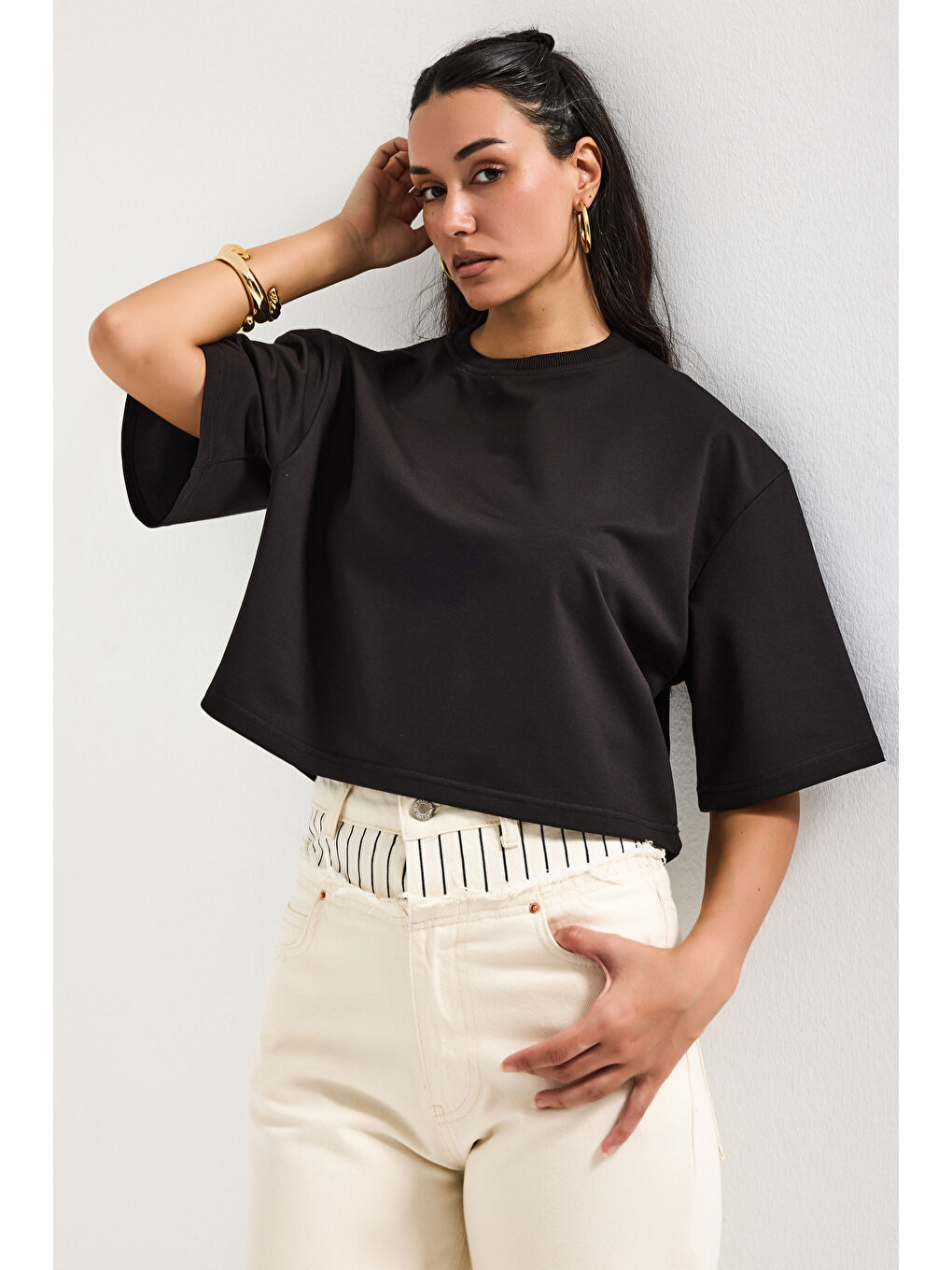 Kadın Siyah Renk s6-1 Oversize Bol Kesim T-Shirt-4