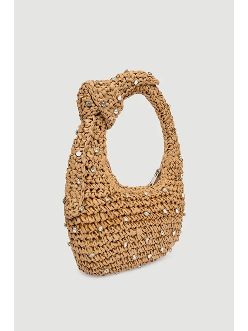 Sarı Taş Detaylı El Örgüsü Camel Hasır Çanta 18x24 Cm CNT1048-3