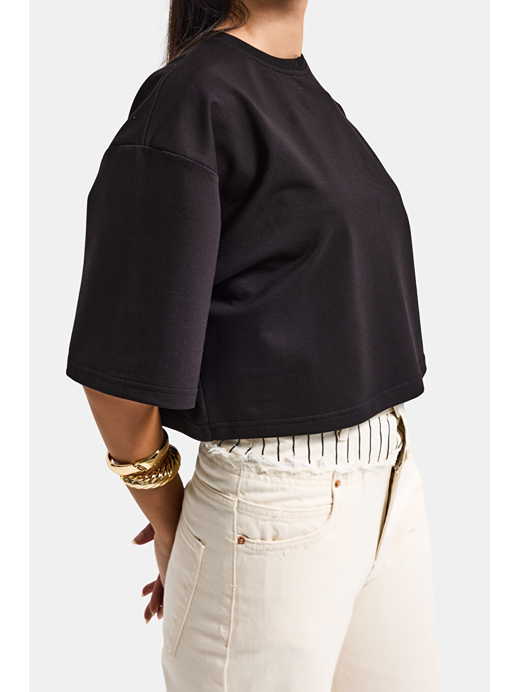 Kadın Siyah Renk s6-1 Oversize Bol Kesim T-Shirt-5