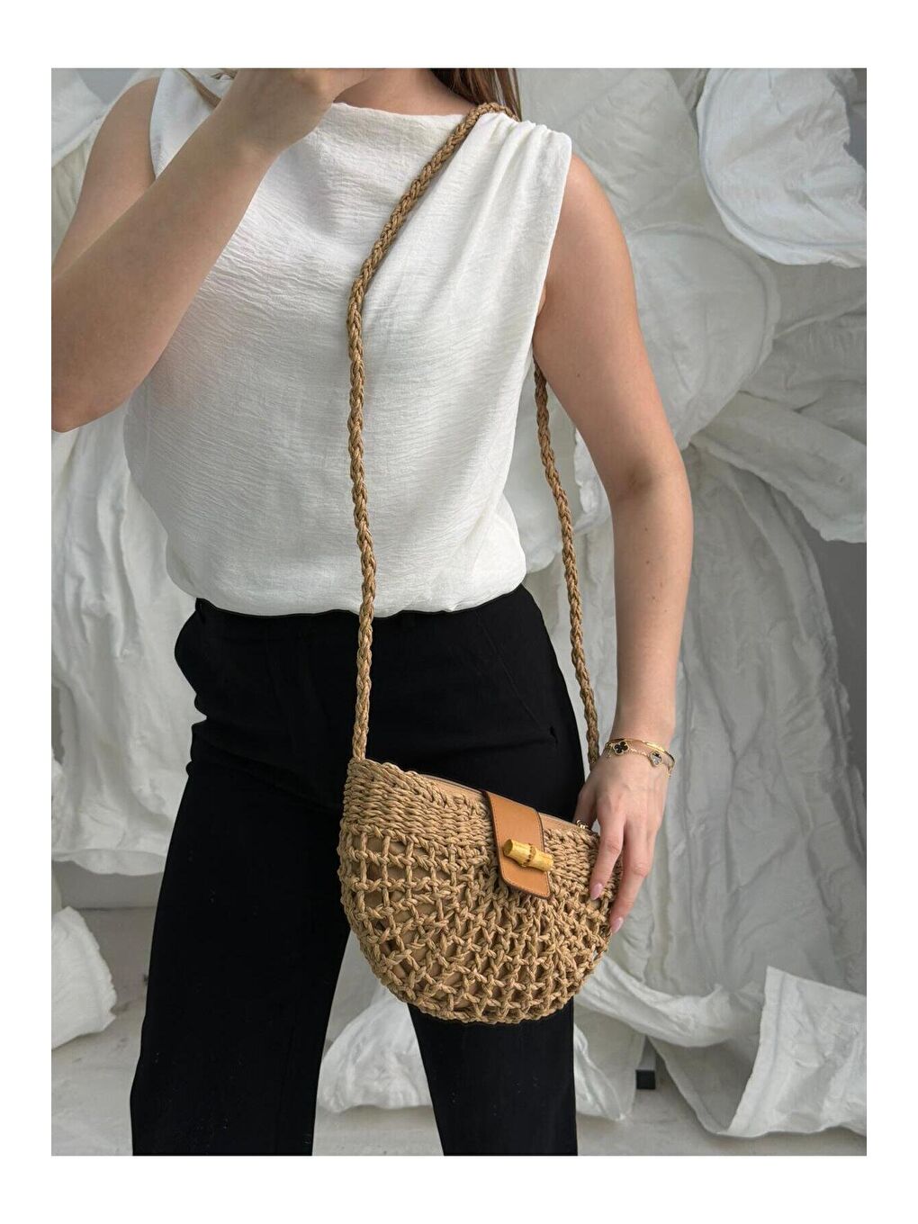 Mavi Camel Bambu Tokalı Hasır Çanta | El Yapımı Bohem Mini Model CNT1077-1