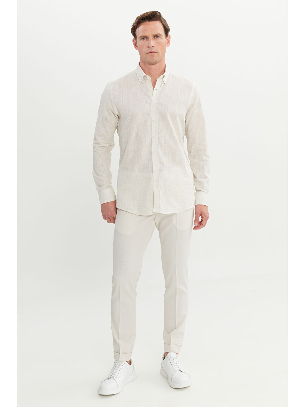 Erkek Bej %100 Pamuk Slim Fit Düğmeli Yaka Gömlek-1