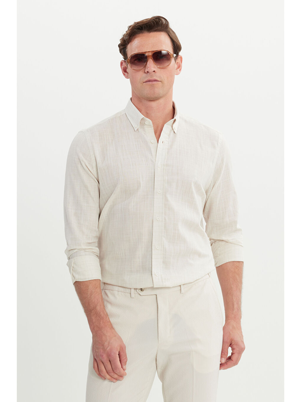 Erkek Bej %100 Pamuk Slim Fit Düğmeli Yaka Gömlek-2