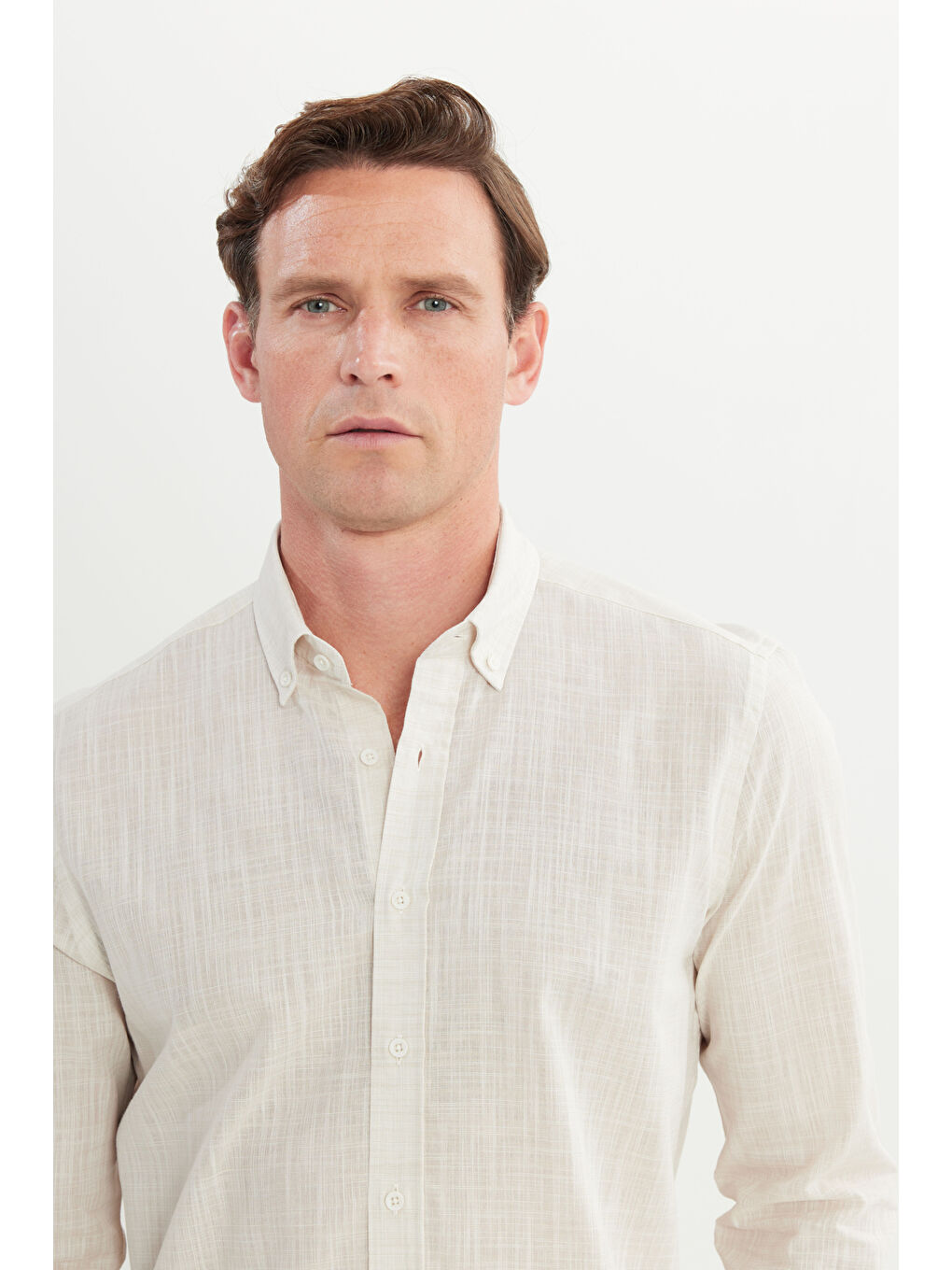 Erkek Bej %100 Pamuk Slim Fit Düğmeli Yaka Gömlek-3