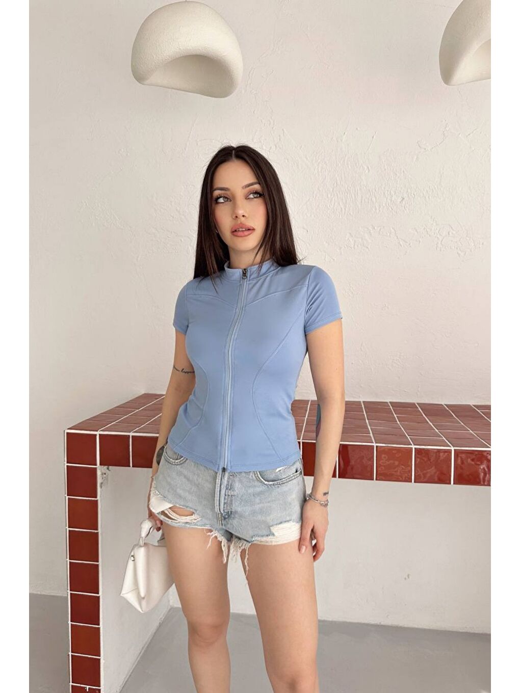 Mavi Kadın Fermuarlı Fit Tişört Slim Fit Kısa Kollu Bluz Basic Crop Üst