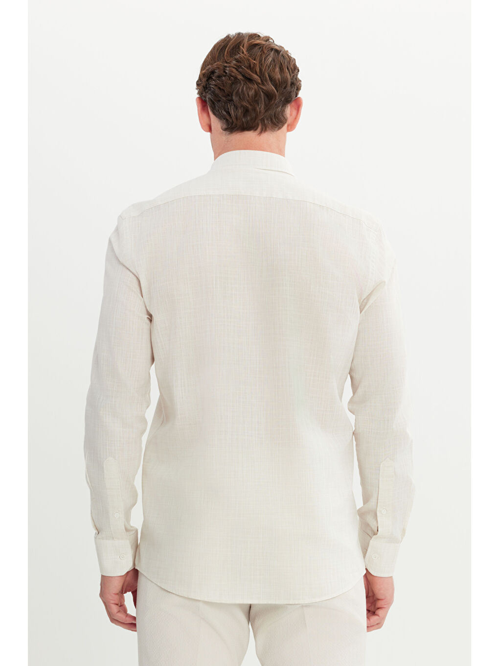 Erkek Bej %100 Pamuk Slim Fit Düğmeli Yaka Gömlek-4