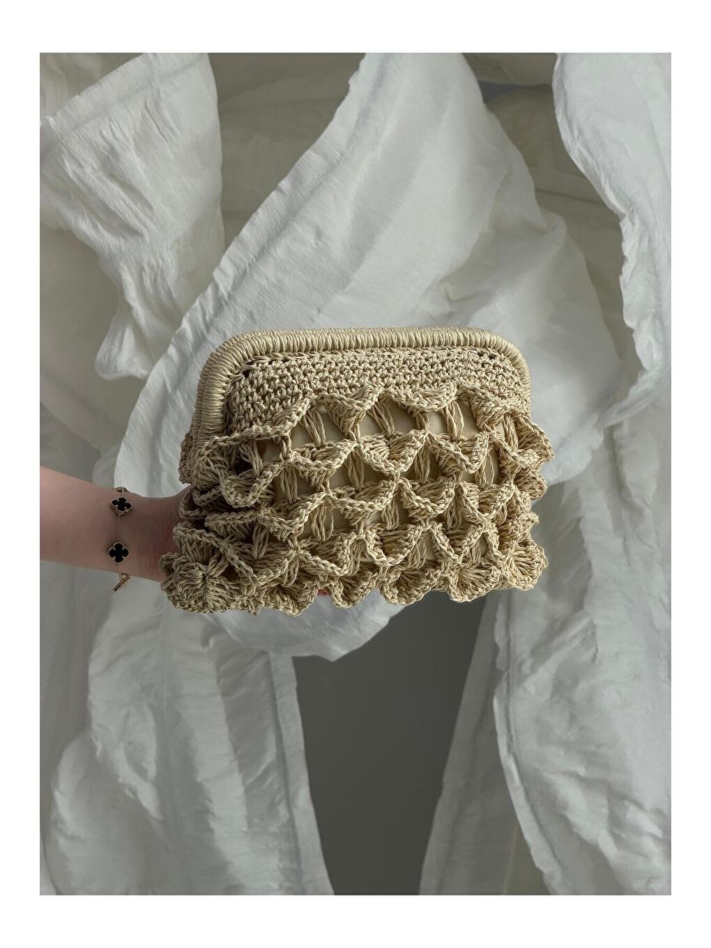 Dantel Dokulu Bej Hasır Çanta CNT1177