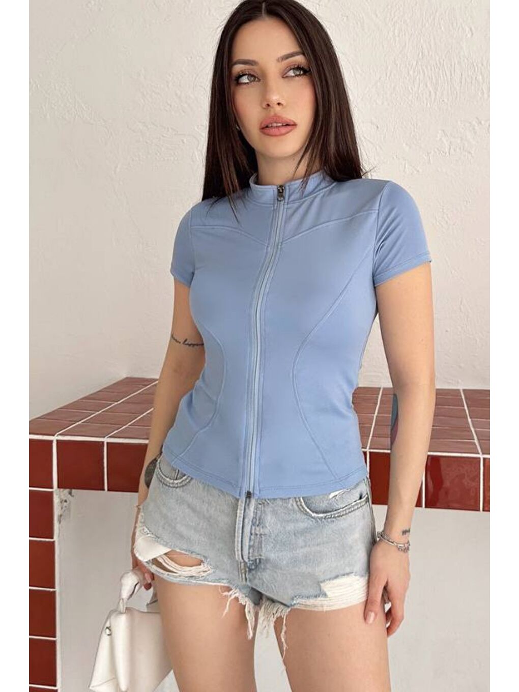 Mavi Kadın Fermuarlı Fit Tişört Slim Fit Kısa Kollu Bluz Basic Crop Üst-1