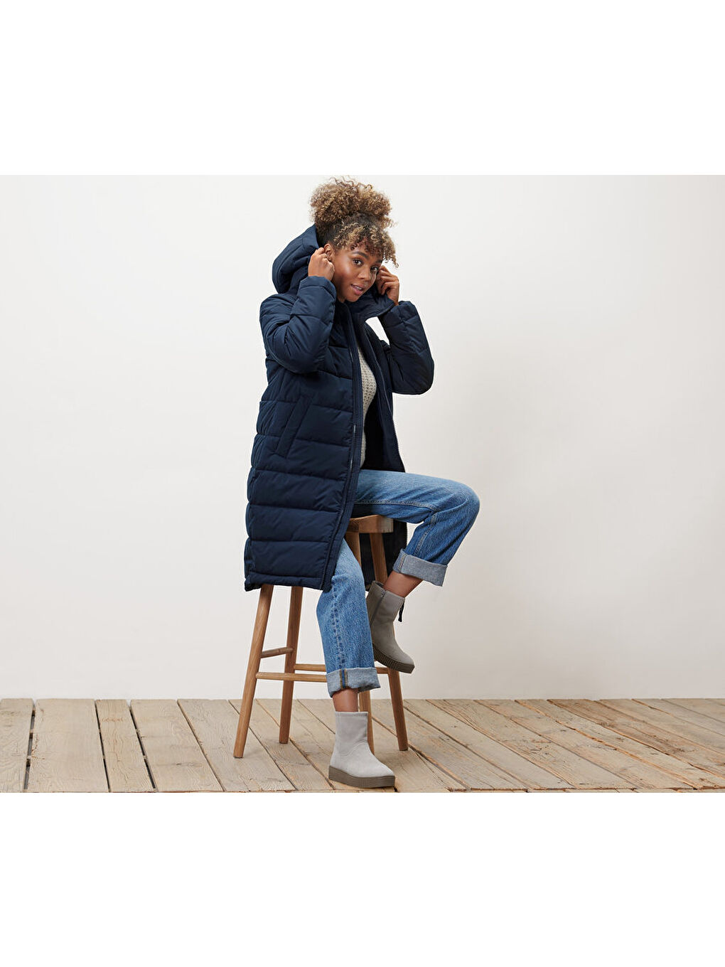 Kadın Kapitone Palto, Mavi