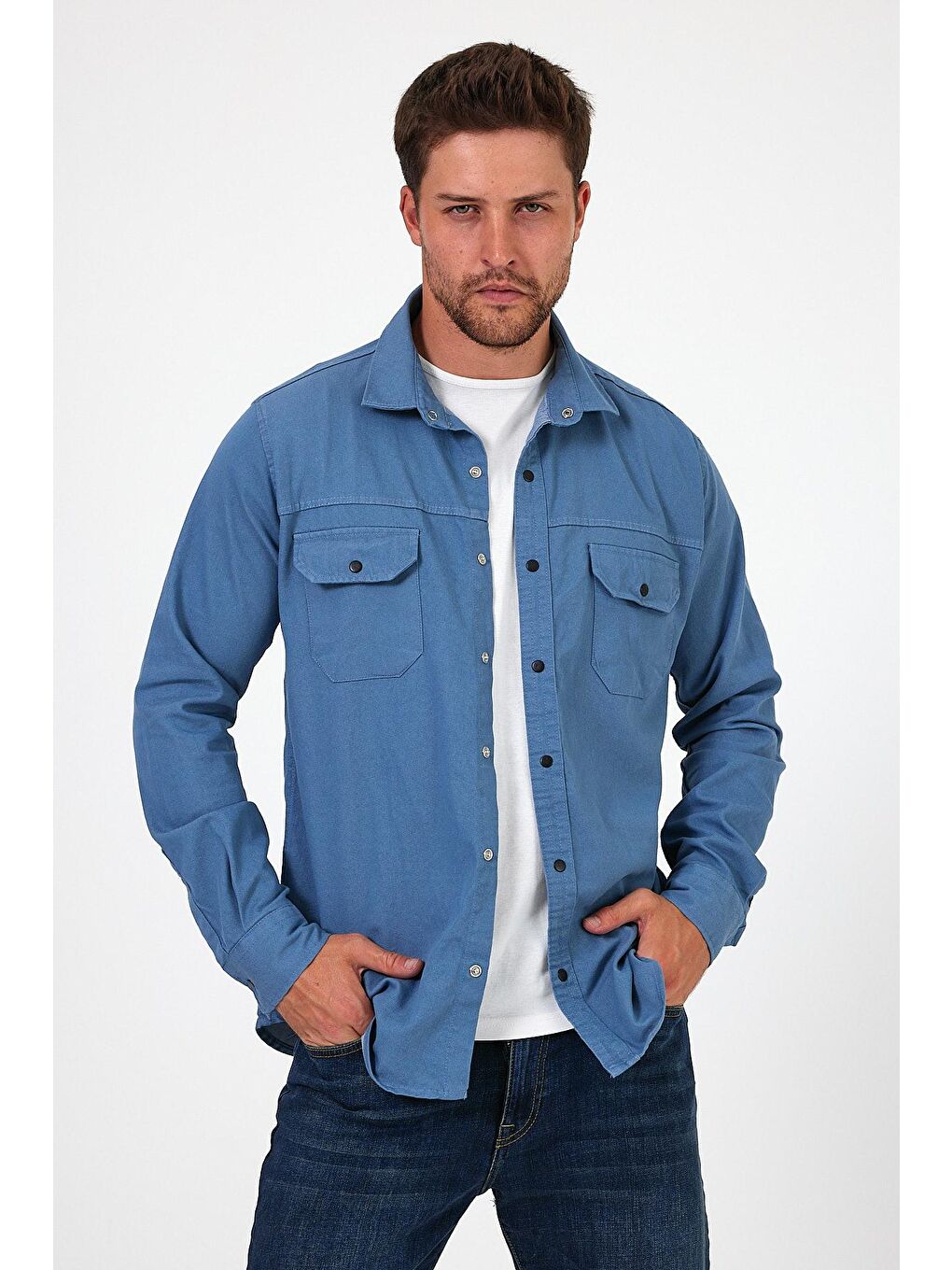 Mavi Regular Fit Çift Cepli Çıt Çıt Düğme Detaylı  Erkek Jean Gömlek RF0290