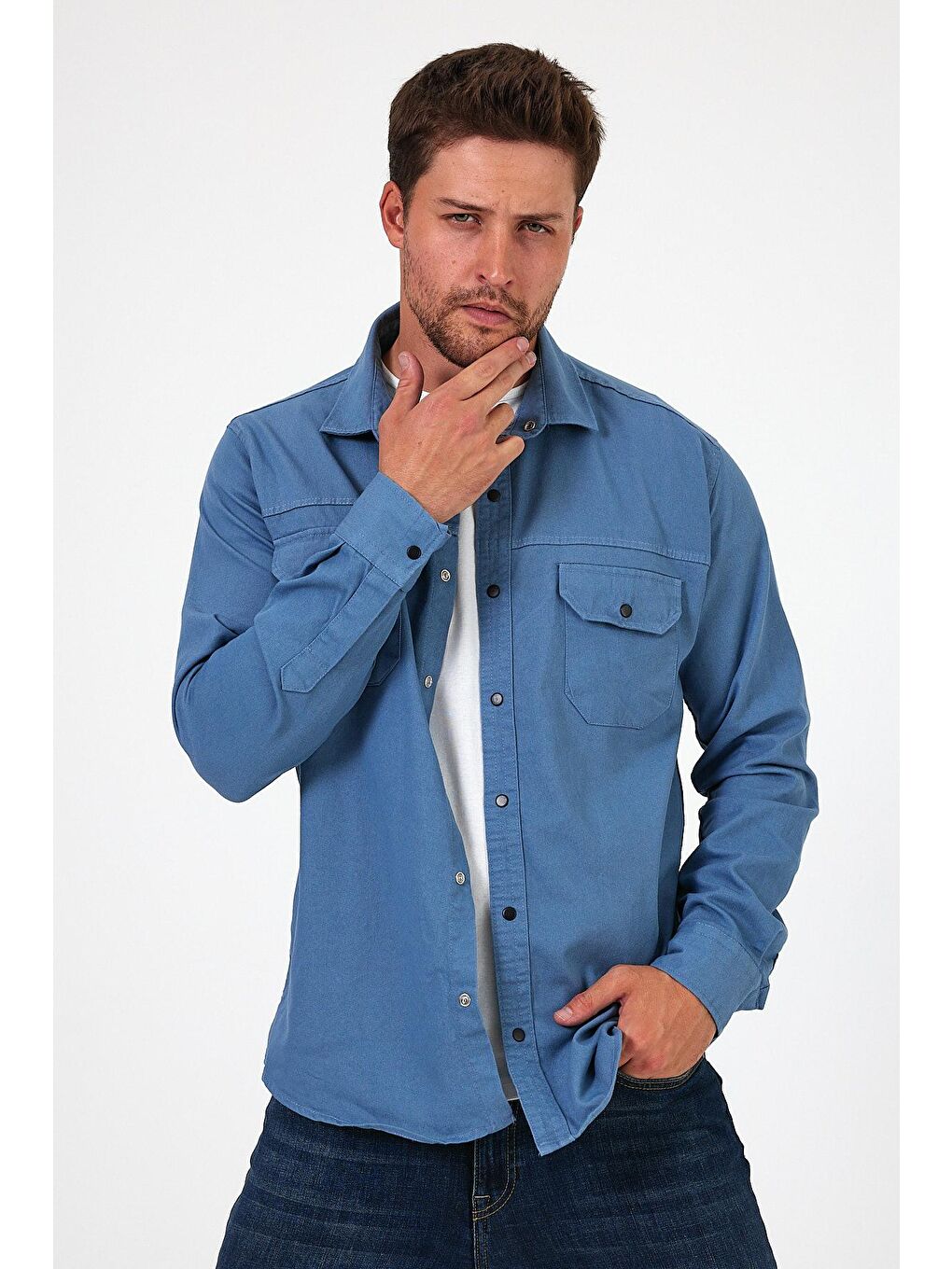 Mavi Regular Fit Çift Cepli Çıt Çıt Düğme Detaylı  Erkek Jean Gömlek RF0290-1