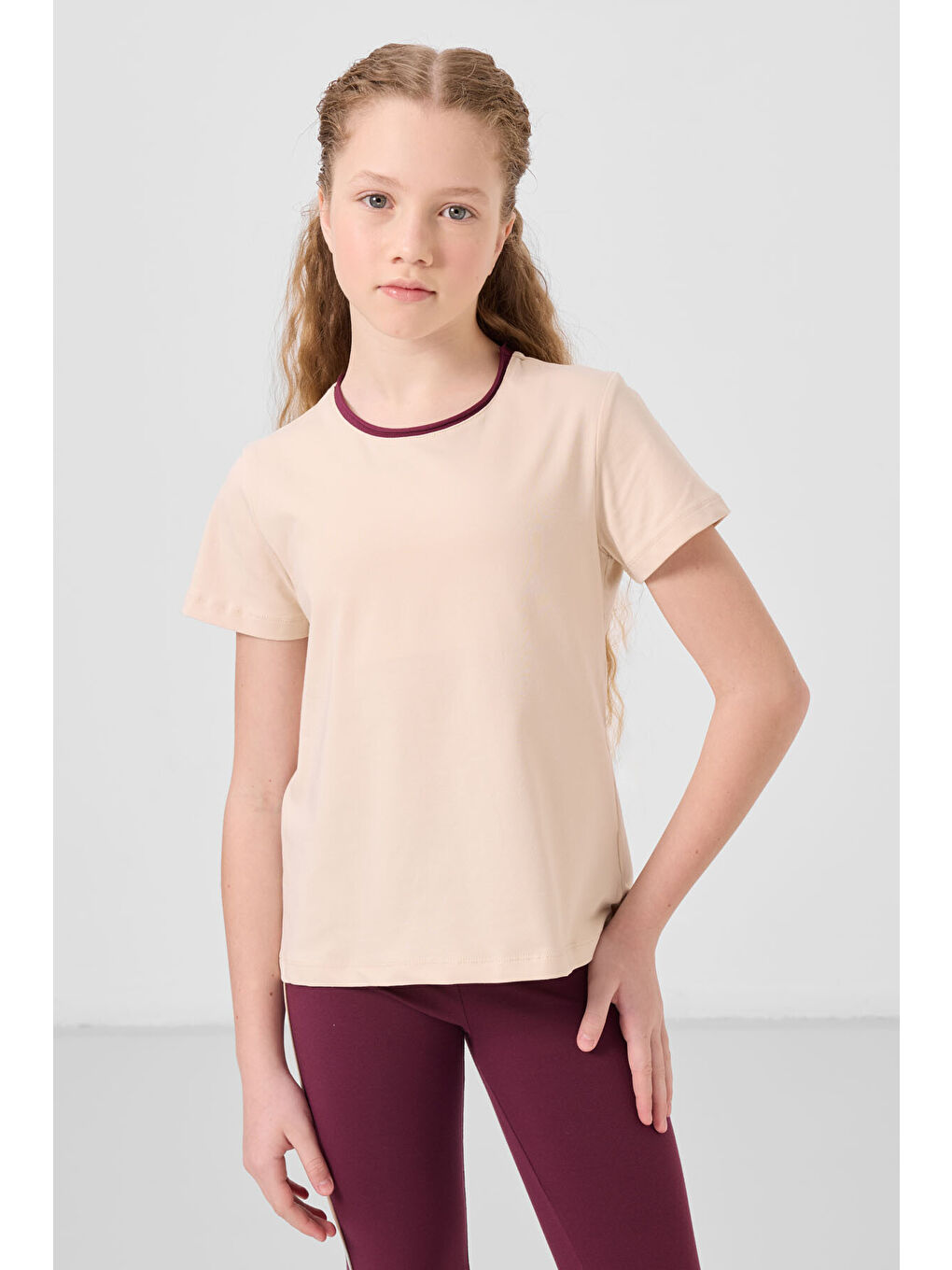 Bej-Bordo Pamuklu O Yaka Standart Fit Basic İspanyol Paça Kız Çocuk Tayt Takım - 75192-2