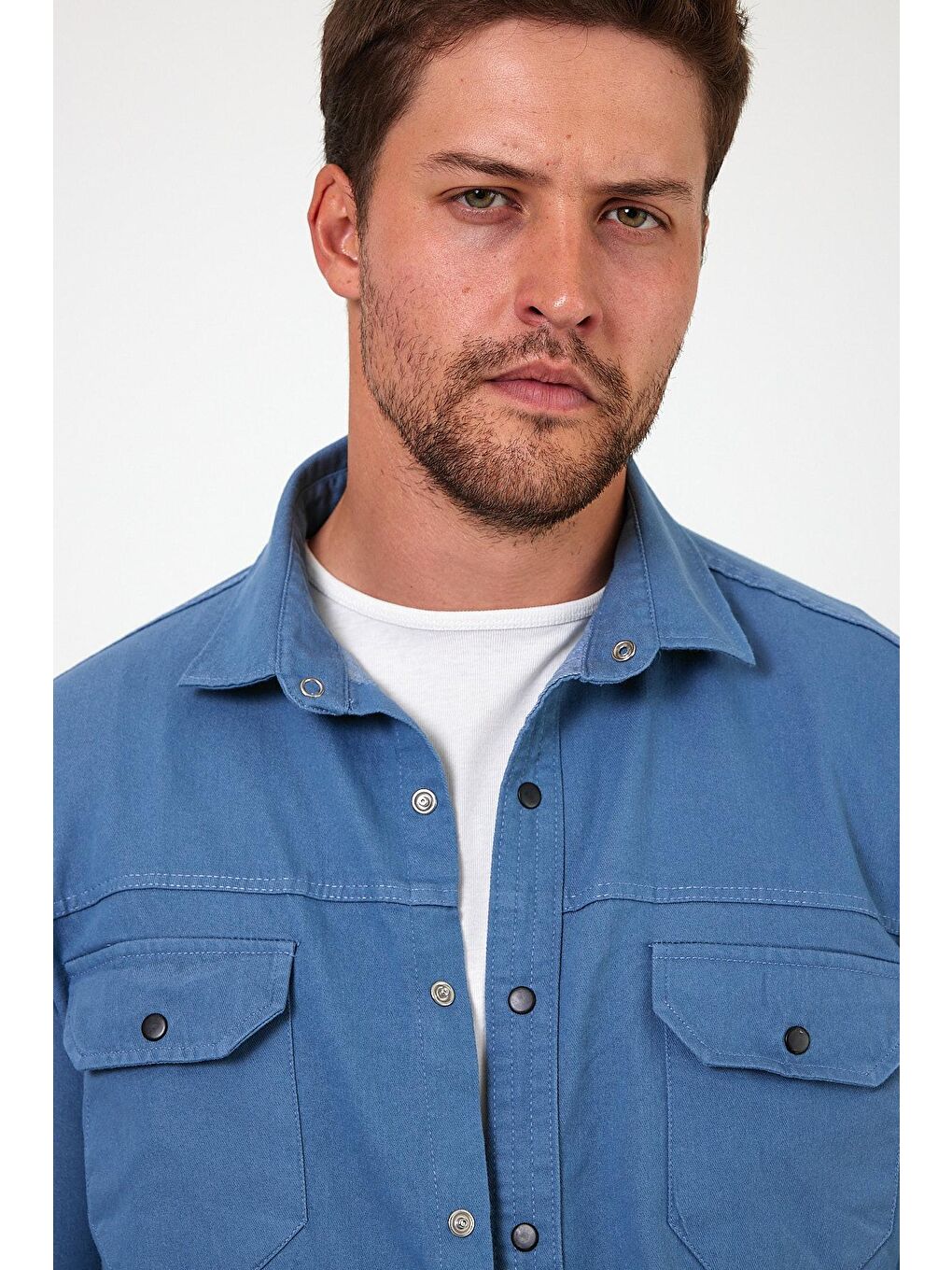 Mavi Regular Fit Çift Cepli Çıt Çıt Düğme Detaylı  Erkek Jean Gömlek RF0290-2