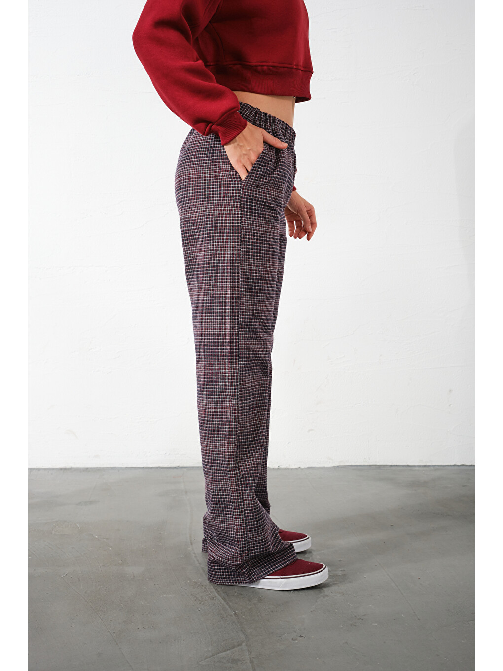 Kırmızı Ekoseli Flanel Yüksek Bel Pijama Altı Rahat Kesim Geniş Paça Pamuklu Kadın Pantolon-2