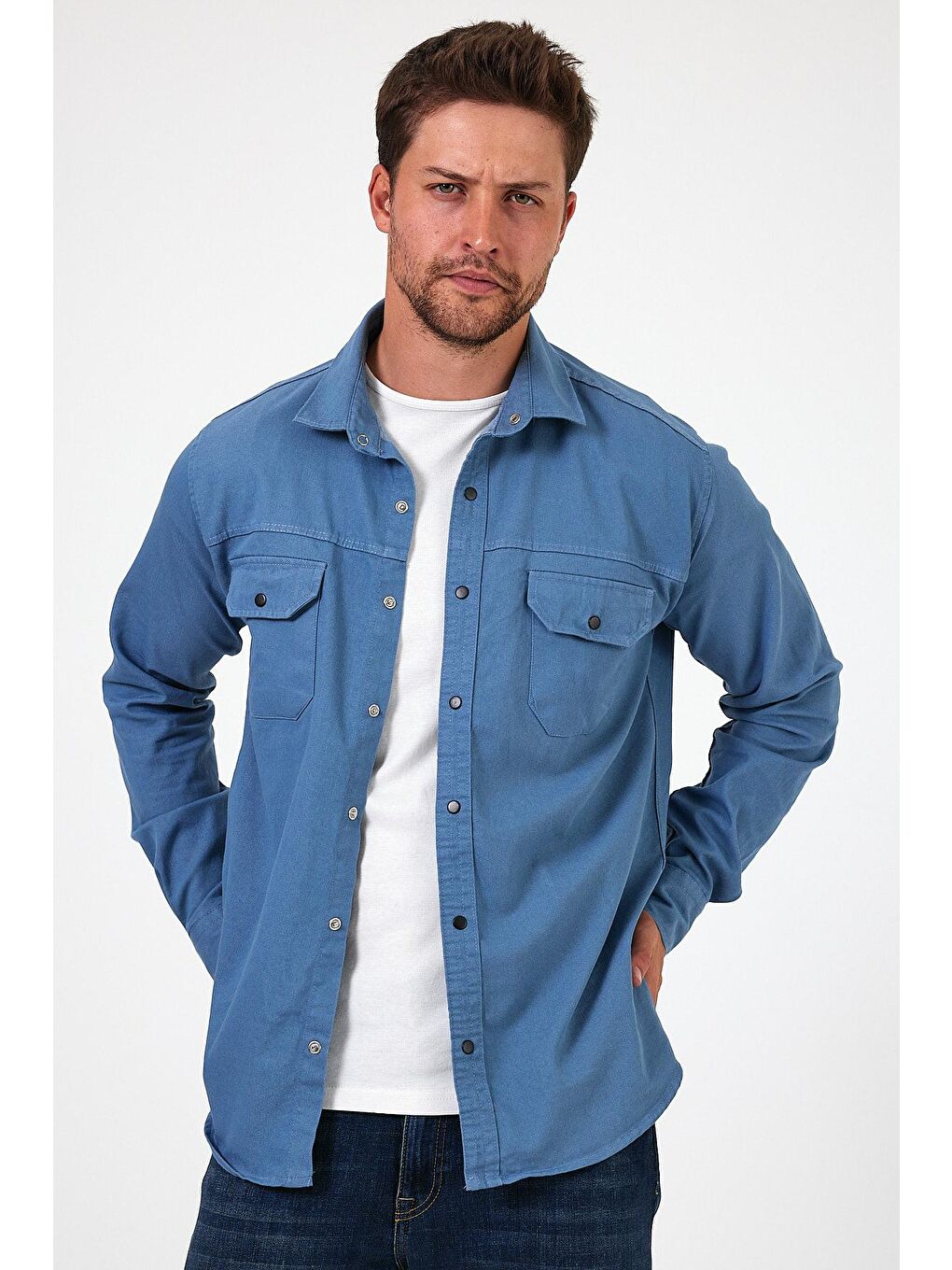 Mavi Regular Fit Çift Cepli Çıt Çıt Düğme Detaylı  Erkek Jean Gömlek RF0290-3