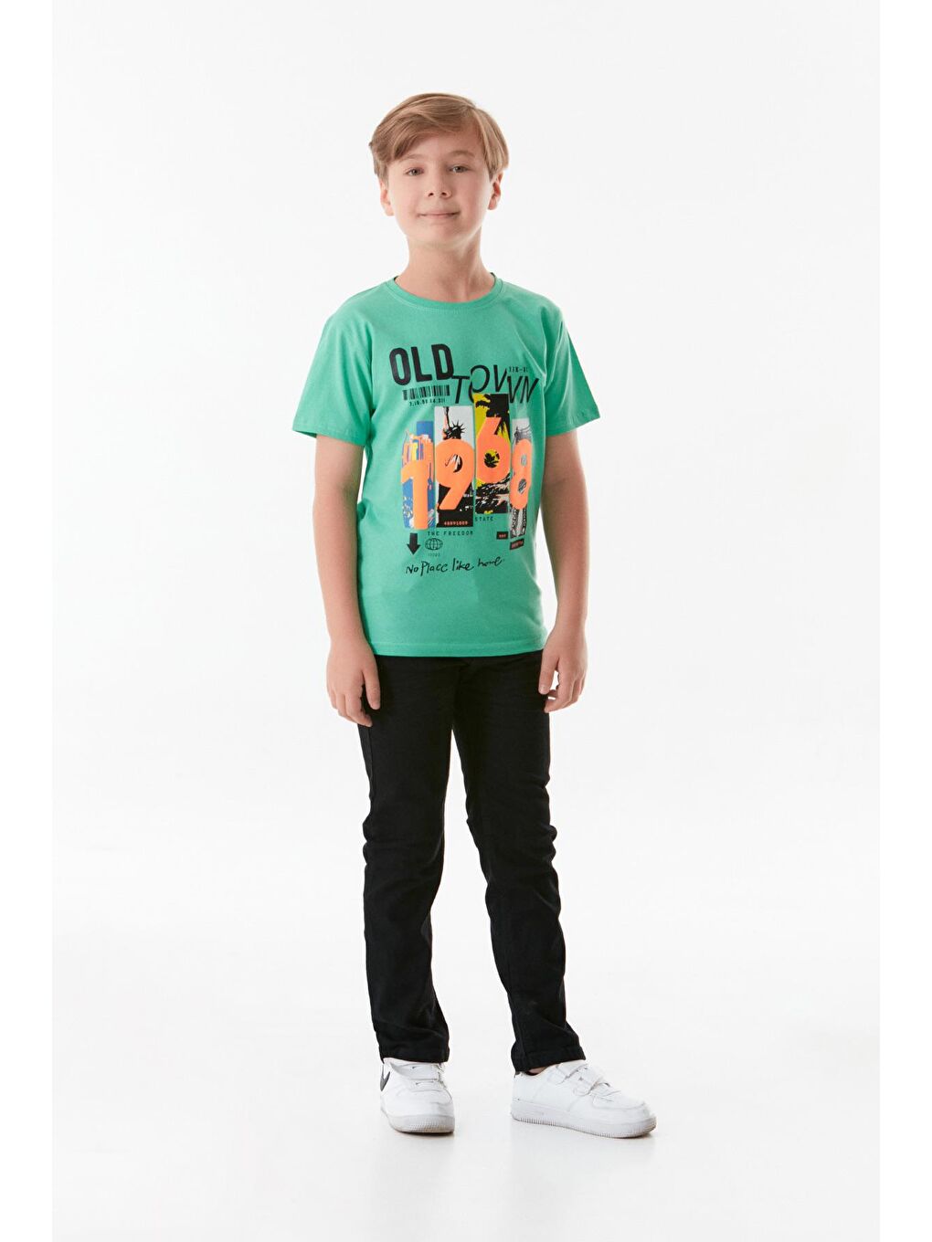 Yeşil Baskılı Bisiklet Yaka Erkek Çocuk Tişört-1