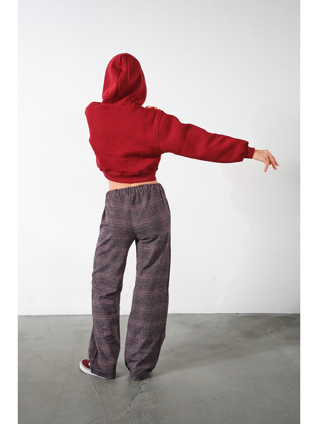 Kırmızı Ekoseli Flanel Yüksek Bel Pijama Altı Rahat Kesim Geniş Paça Pamuklu Kadın Pantolon-4