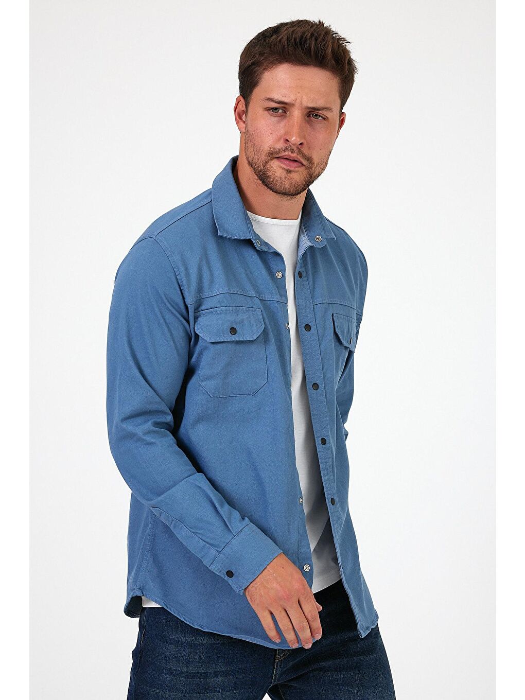 Mavi Regular Fit Çift Cepli Çıt Çıt Düğme Detaylı  Erkek Jean Gömlek RF0290-4