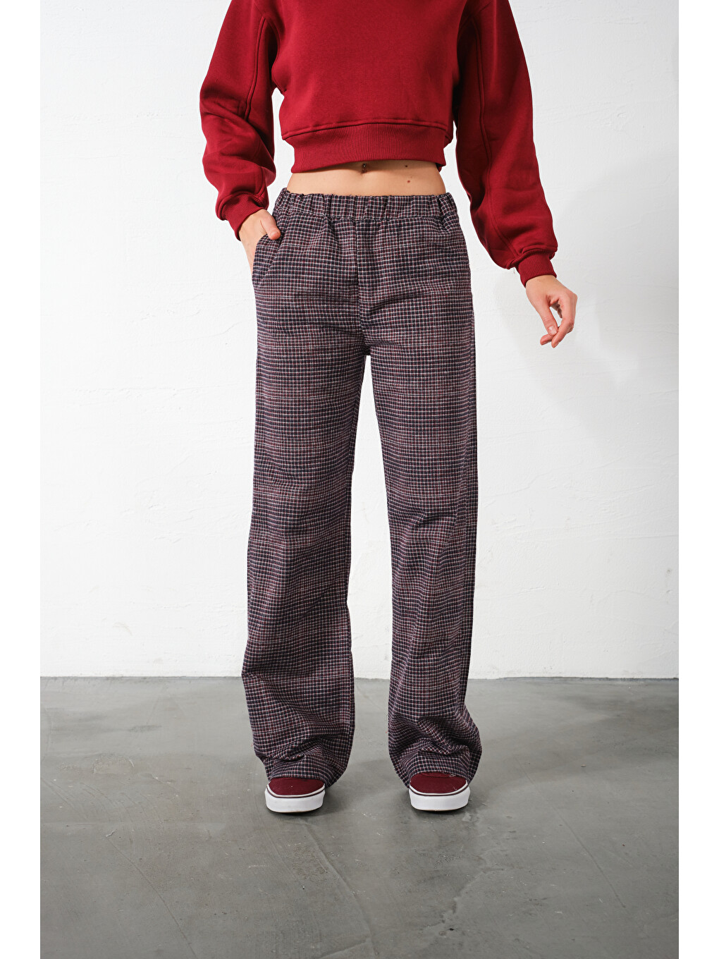 Kırmızı Ekoseli Flanel Yüksek Bel Pijama Altı Rahat Kesim Geniş Paça Pamuklu Kadın Pantolon-5