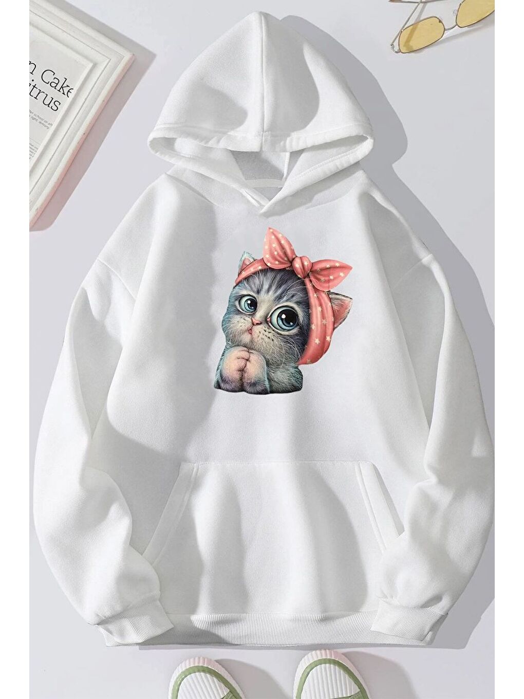 uyguntarz Beyaz Unisex Sevimli Kedi Sweatshirt