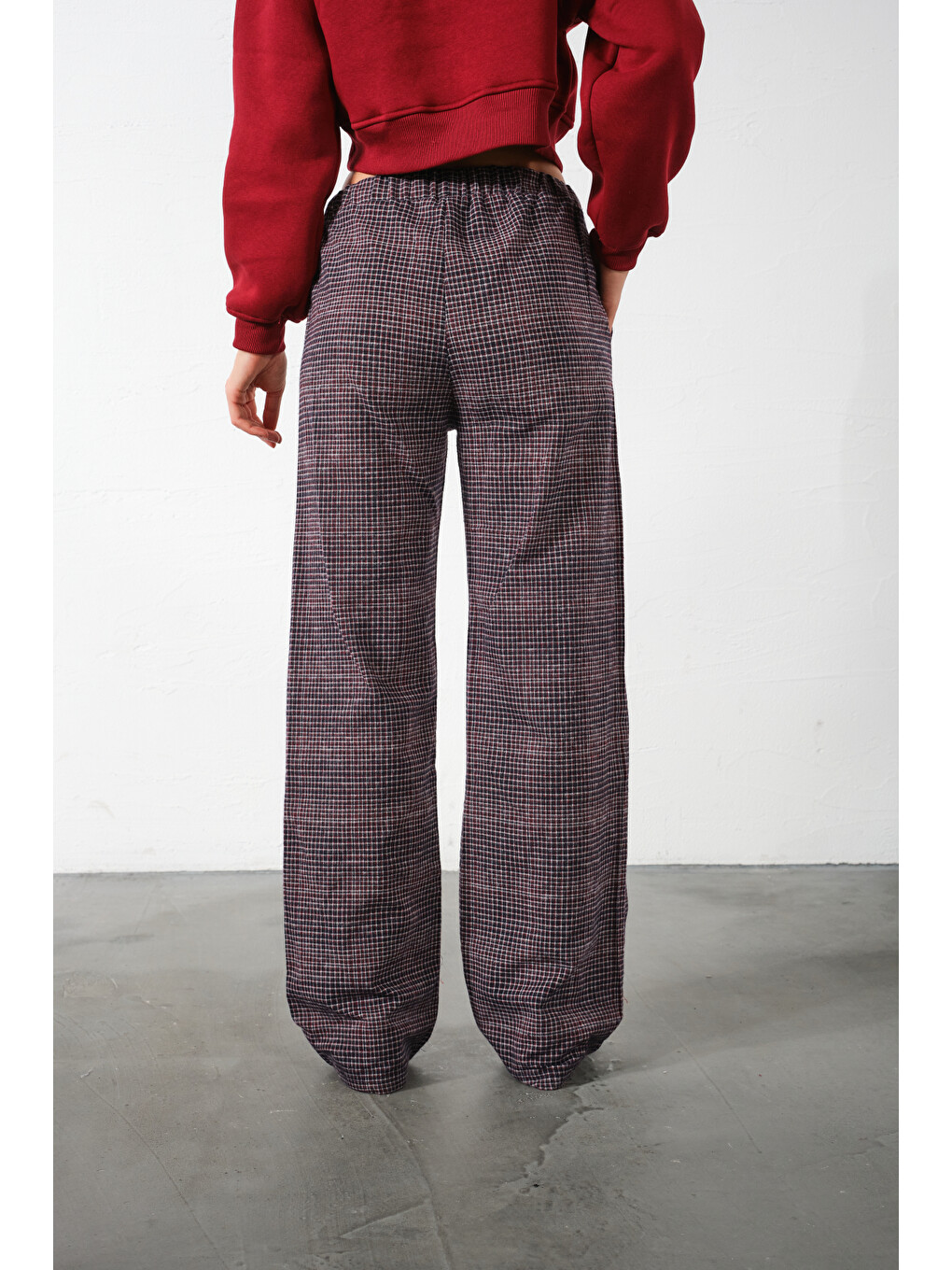 Kırmızı Ekoseli Flanel Yüksek Bel Pijama Altı Rahat Kesim Geniş Paça Pamuklu Kadın Pantolon-6